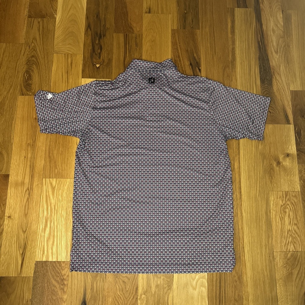 FootJoy Polo Shirt Men XL Purple Geometric Golf All Over Print Sleeve Tree Patch - Picture 5 of 6
